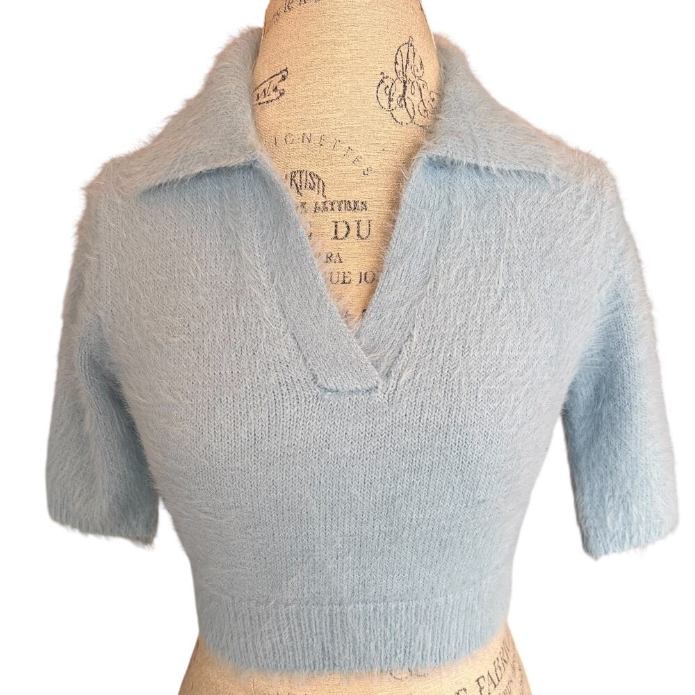 New William Rast Fuzzy Cropped Sweater Top XS Light Blue Soft Knit NWT